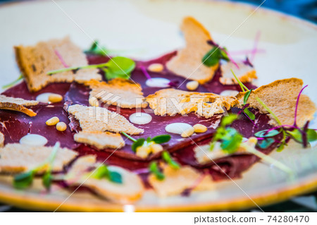 Slices of smoked ham with toast Slices of smoked ham with toast 74280470