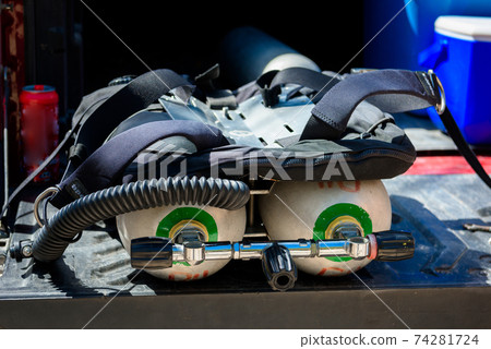 Diving equipment on the sea. Overall plan. 74281724