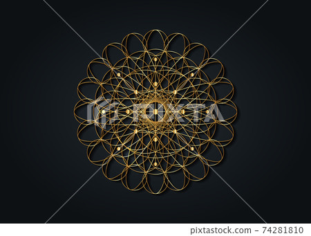 Sacred Geometry esoteric Flower of Life, gold filigree mandala embroidery. Seed of life symbol, golden luxury design vector divine meditative amulet isolated on black background Sacred Geometry esoteric Flower of Life, gold filigree mandala embroidery. Seed of life symbol, golden luxury design vector divine meditative amulet isolated on black background 74281810