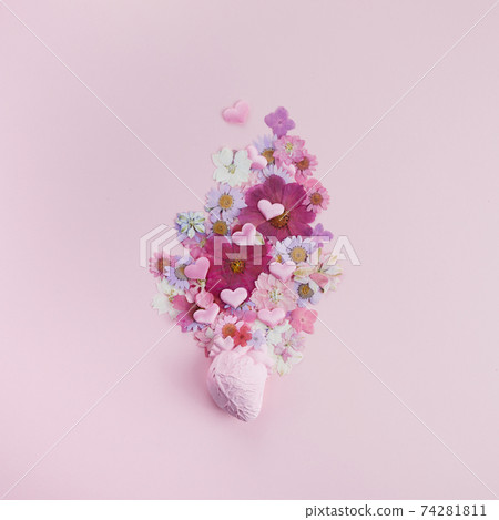 Human heart with wild colorful flowers. Flat lay. Top view Human heart with wild colorful flowers. Flat lay. Top view 74281811