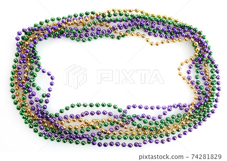 A frame of three colors of Mardi gras beads on white background 74281829