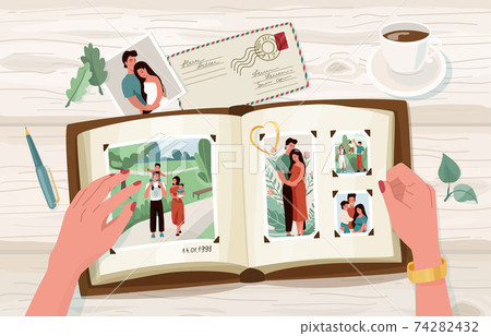 Photo album with family photographs, vector illustration in simple cartoon flat style. Female hands holding open memorable book. Top view Photo album with family photographs, vector illustration in simple cartoon flat style. Female hands holding open memorable book. Top view 74282432