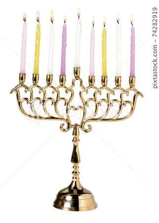 jewish holiday Hanukkah background with menorah Burning candles isolated on white jewish holiday Hanukkah background with menorah Burning candles isolated on white 74282919