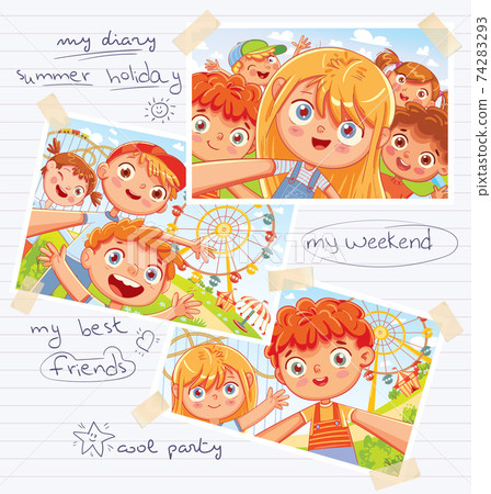 Children diary with pasted photos, handwritten notes and kids drawings Children diary with pasted photos, handwritten notes and kids drawings 74283293