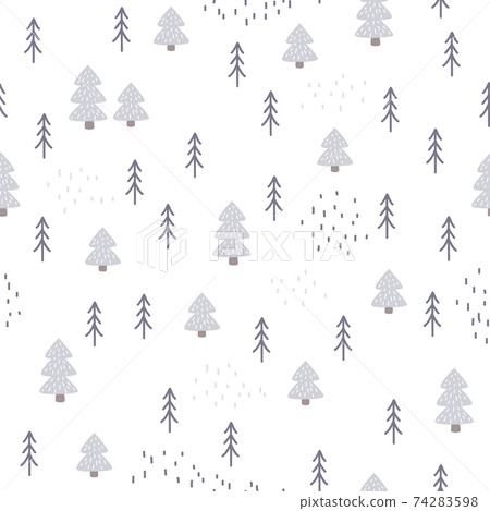 Seamless hand-drawn forest pattern in Scandinavian style. Kids vector abstract background for design and decoration textile, covers, package, wrapping paper 74283598