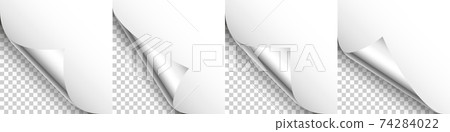 Set of silver paper curls. Curled page corner with shadow. Blank sheet of paper. Colorful shiny foil 74284022