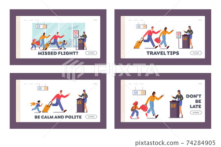 Family with Kids Late for Boarding Plane Landing Page Template Set. Worried People Run with Bag Upset with Missed Flight 74284905
