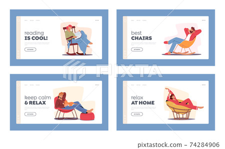 Relaxing People Landing Page Template Set. Characters Relax at Home in Comfortable Chairs, Armchairs, Leisure after Work Relaxing People Landing Page Template Set. Characters Relax at Home in Comfortable Chairs, Armchairs, Leisure after Work 74284906