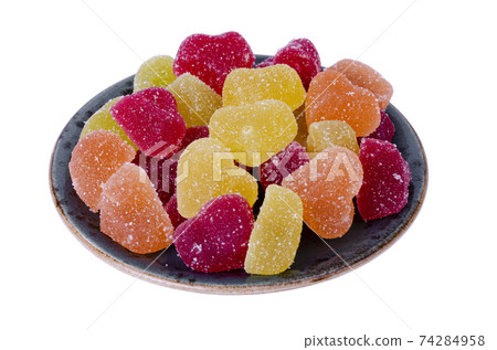 Fruit jelly marmalade of different colors on white background. Studio Photo 74284958
