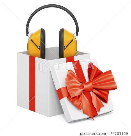 Ear defenders inside gift box, present concept. 3D rendering Ear defenders inside gift box, present concept. 3D rendering 74285109
