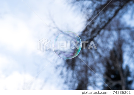 [肥皂泡]肥皂泡在冬天的景色中飛翔 74286201