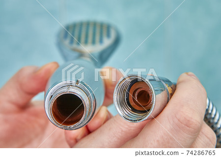 Rust inside old shower head and on hose. Rust inside old shower head and on hose. 74286765