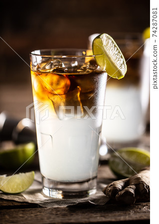 Dark n Stormy highball cocktail served as a long drink with rum, fresh lime juice, and ginger beer 74287081
