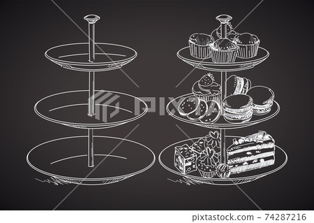 Three tiered plate. Drawing on a blackboard. Vector illustration 74287216