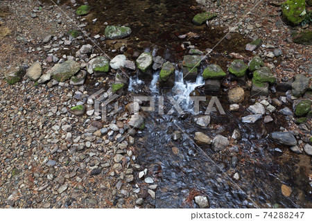 Quiet water surface of Futamatagawa flowing in the mountains 74288247