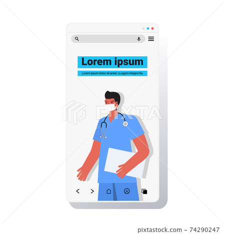 male doctor wearing mask to prevent coronavirus pandemic online medical consultation concept male doctor wearing mask to prevent coronavirus pandemic online medical consultation concept 74290247