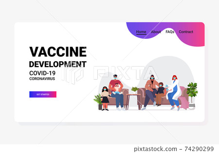 female doctor vaccinating family patients in masks to fight against coronavirus vaccine development concept 74290299
