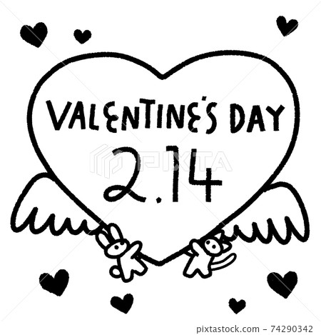 情人節愛心和小兔子和貓/單色 情人節愛心和小兔子和貓/單色 74290342