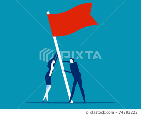 Flag as a symbol of success and heights. People raise a flag together 74292222