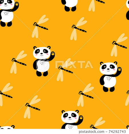 Seamless pattern with cute panda baby and dragonfly on color background. Funny asian animals. Card, postcards for kids. Flat vector illustration for fabric, textile, wallpaper, poster, wrapping paper Seamless pattern with cute panda baby and dragonfly on color background. Funny asian animals. Card, postcards for kids. Flat vector illustration for fabric, textile, wallpaper, poster, wrapping paper 74292743