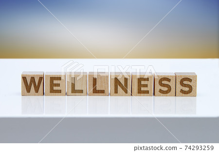 'Wellness' message sign on wooden blocks sitting on a white table. 'Wellness' message sign on wooden blocks sitting on a white table. 74293259
