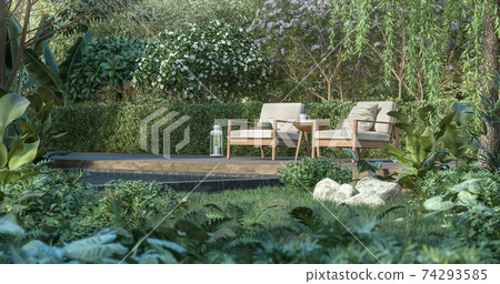 Wooden terrace in the tropical garden 3d render 74293585