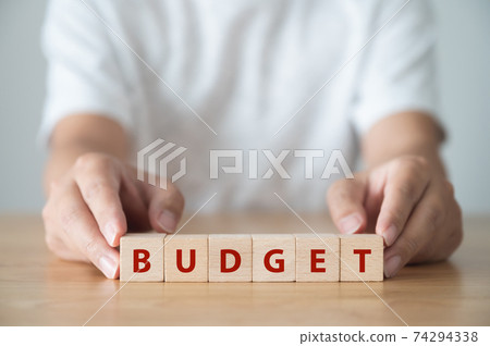Wooden cube block with word BUDGET. Money annual budget concept 74294338