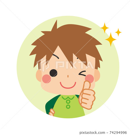 一個可愛的小男孩圖標，帶一個大拇指和一個好的跡象 74294996