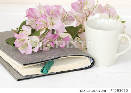 notebook planner for business with bougainvillea pink flower and cup coffee 74295610