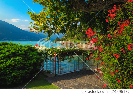 Varenna resort view from the flowery terrace, lake Como, Italy Varenna resort view from the flowery terrace, lake Como, Italy 74296182