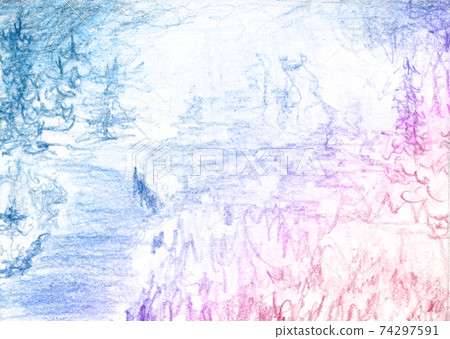 Magenta colored river in the woods. Forest sketch blue and pink colored pencils. 74297591