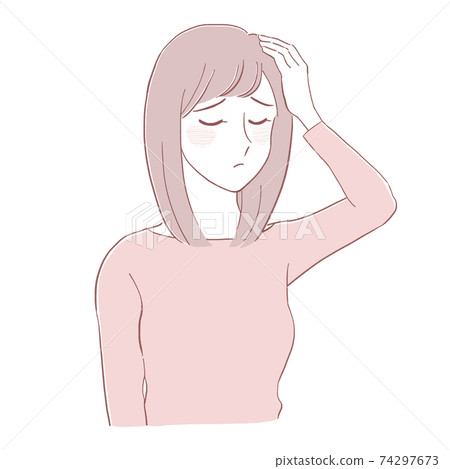 一個女人，尷尬地把手放在頭上 74297673