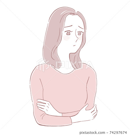 一個女人,她的雙臂交叉著麻煩的表情 一個女人,她的雙臂交叉著麻煩的表情 74297674