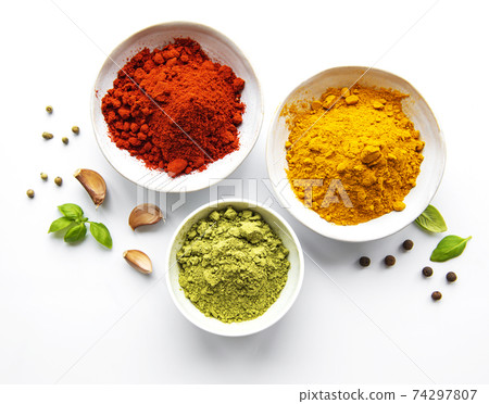 Various spices isolated on white background, top view Various spices isolated on white background, top view 74297807