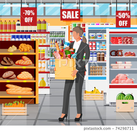 Supermarket store interior with goods. Supermarket store interior with goods. 74298711