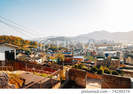 Panoramic view of Miryang city from Moonlight Ssamji park at autumn in Miryang, Korea 74299374