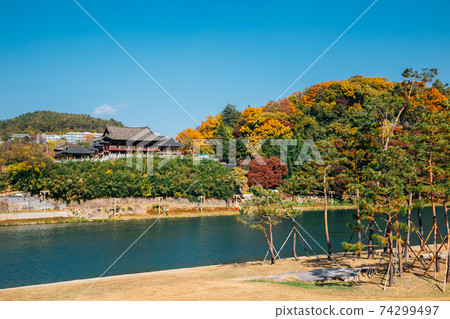 Yeongnamnu Korean traditional pavilion and autumn colorful mountain in Miryang, Korea Yeongnamnu Korean traditional pavilion and autumn colorful mountain in Miryang, Korea 74299497