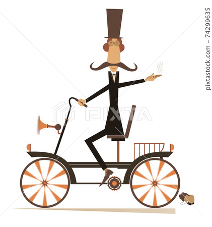 Cartoon man rides a retro bike isolated illustration. Long mustache gentleman in the top hat rides a retro bike, smokes a cigar and looks healthy and happy Cartoon man rides a retro bike isolated illustration. Long mustache gentleman in the top hat rides a retro bike, smokes a cigar and looks healthy and happy 74299635