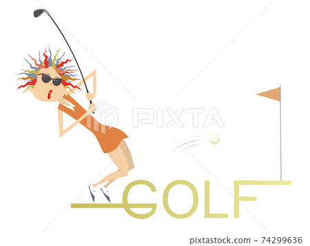 Young golfer woman stands on the word golf illustration. Young golfer woman tries to do a good kick standing on the word golf isolated on white Young golfer woman stands on the word golf illustration. Young golfer woman tries to do a good kick standing on the word golf isolated on white 74299636