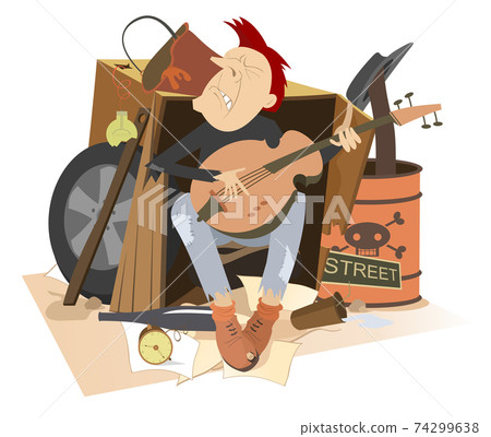 Hungry and chilled homeless plays guitar illustration. Sad beggar with guitar is on the disposal dump Hungry and chilled homeless plays guitar illustration. Sad beggar with guitar is on the disposal dump 74299638