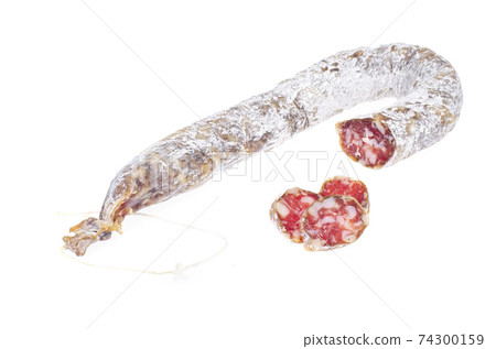 Dry-cured sausage in white mold casing. Photo Dry-cured sausage in white mold casing. Photo 74300159