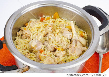 Pilaf with rice and meat in saucepan. Pilaf with rice and meat in saucepan. 74300175
