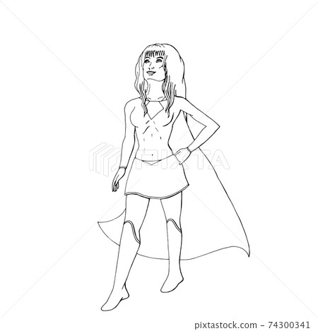 super hero girl with long cape is standing 74300341