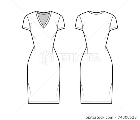 T-shirt dress technical fashion illustration with V-neck, short sleeves, knee length, fitted body, Pencil fullness. Flat 74300528