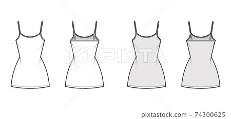 Camisole dress technical fashion illustration with scoop neck, straps, mini length, fitted body, Pencil fullness. Flat  74300625