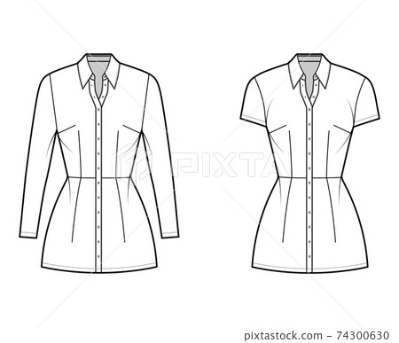 Shirt dress technical fashion illustration with classic regular collar, mini length, oversized, fitted body, button up. 74300630