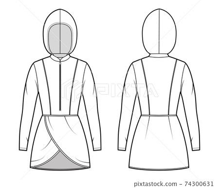 Modest hijab tunic technical fashion illustration with zip henley neck, long sleeves, fitted body, petals hem, hood.  74300631