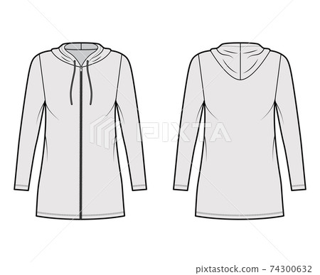 Hoodie zip-up dress technical fashion illustration with long sleeves, mini length, oversized body, Pencil fullness. Flat Hoodie zip-up dress technical fashion illustration with long sleeves, mini length, oversized body, Pencil fullness. Flat 74300632