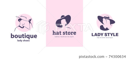 Collection of lady hat store and boutique emblems with hand drawn portraits of elegant stylish beautiful women isolated on white background. 74300634