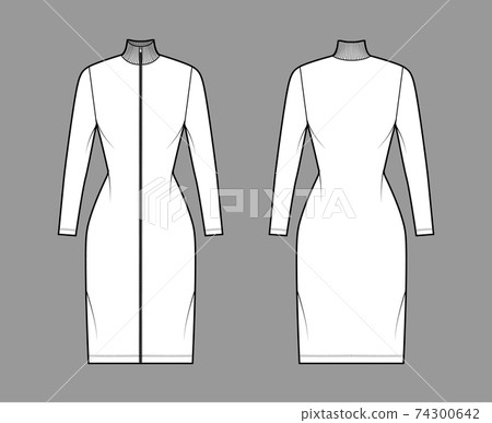 Turtleneck zip-up dress technical fashion illustration with long sleeves, knee length, fitted body, Pencil fullness Flat Turtleneck zip-up dress technical fashion illustration with long sleeves, knee length, fitted body, Pencil fullness Flat 74300642